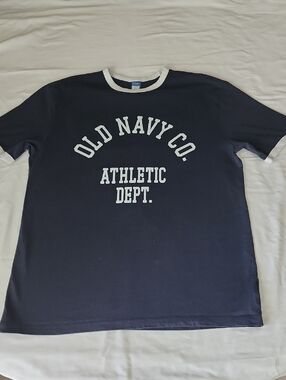 Men's Old Navy Navy Blue Ringer Tee with White Athletic Logo
